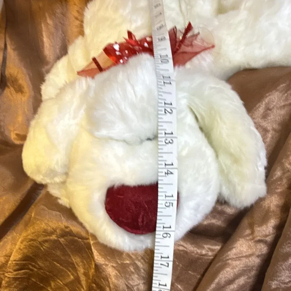 Dan Dee White Plush Puppy Dog Red Heart Nose Red Ribbon Bow 14in Vintage 1999